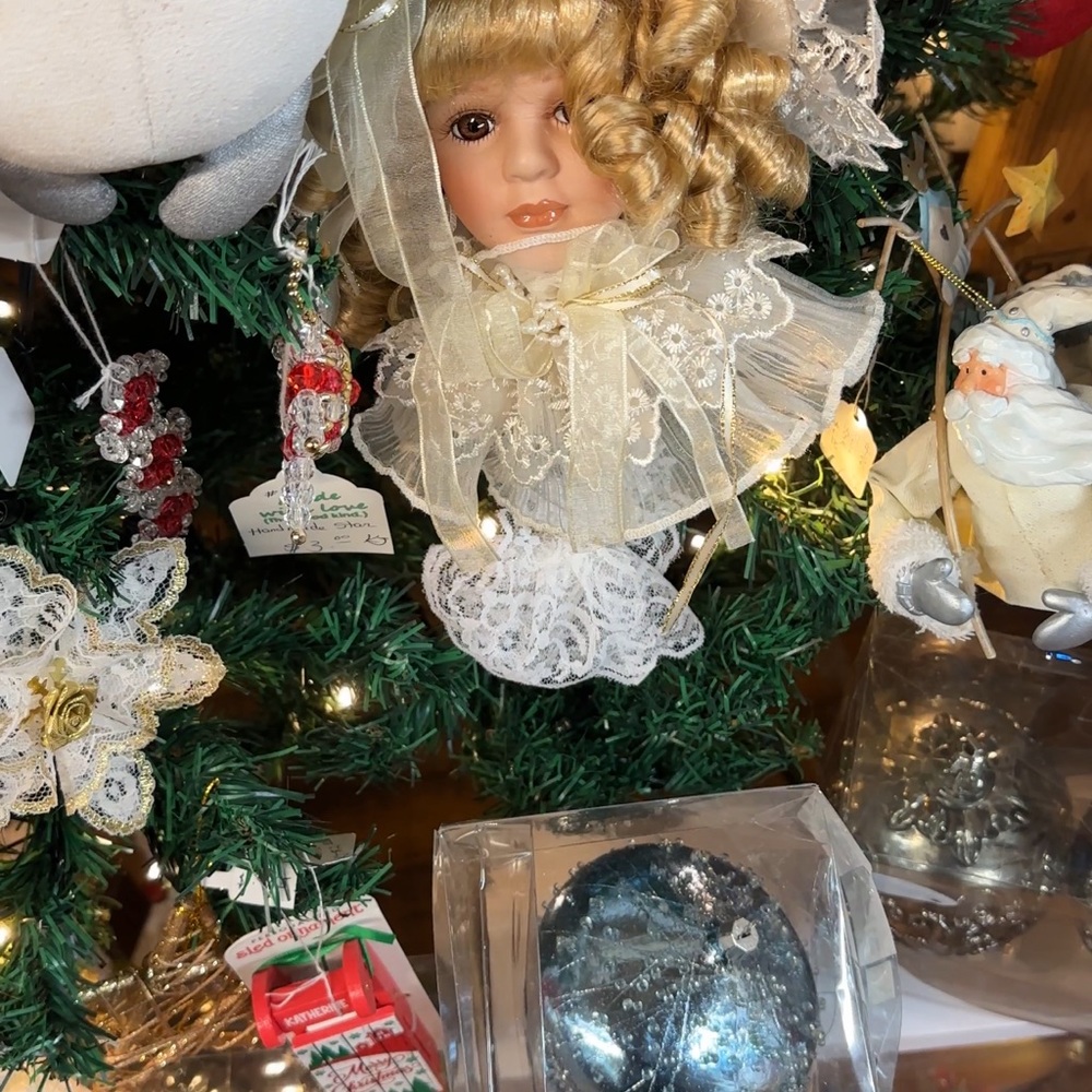 Christmas ornaments, ribbon and fabric